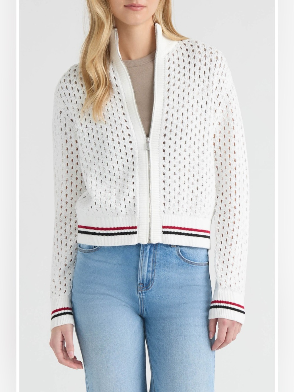 Hunter Women's White Cropped Openwork Bomber Jacket White with Red & Black Trim - Picture 2 of 12